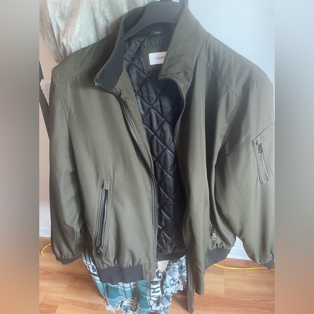Calvin Klein Men's Olive Bomber Jacket with Quilted Black Lining